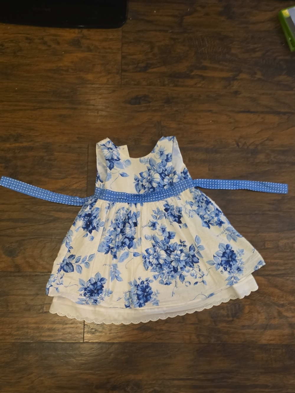 Nannette White Dress with Blue Floral Print and Polka Dot Sash